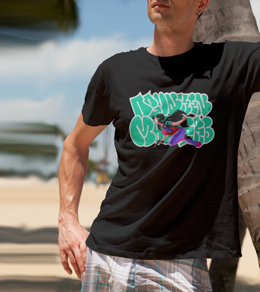 Drunken Masters Anime Girl Green Graffiti Gun Action T-Shirt