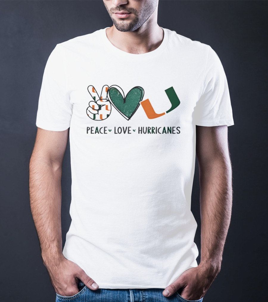 Peace Love Hurricanes Miami Hurricanes Football Hand Sign Heart Shape T-Shirt