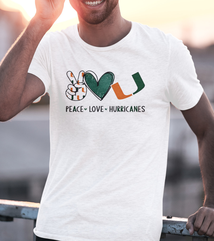 Peace Love Hurricanes Miami Hurricanes Football Hand Sign Heart Shape T-Shirt