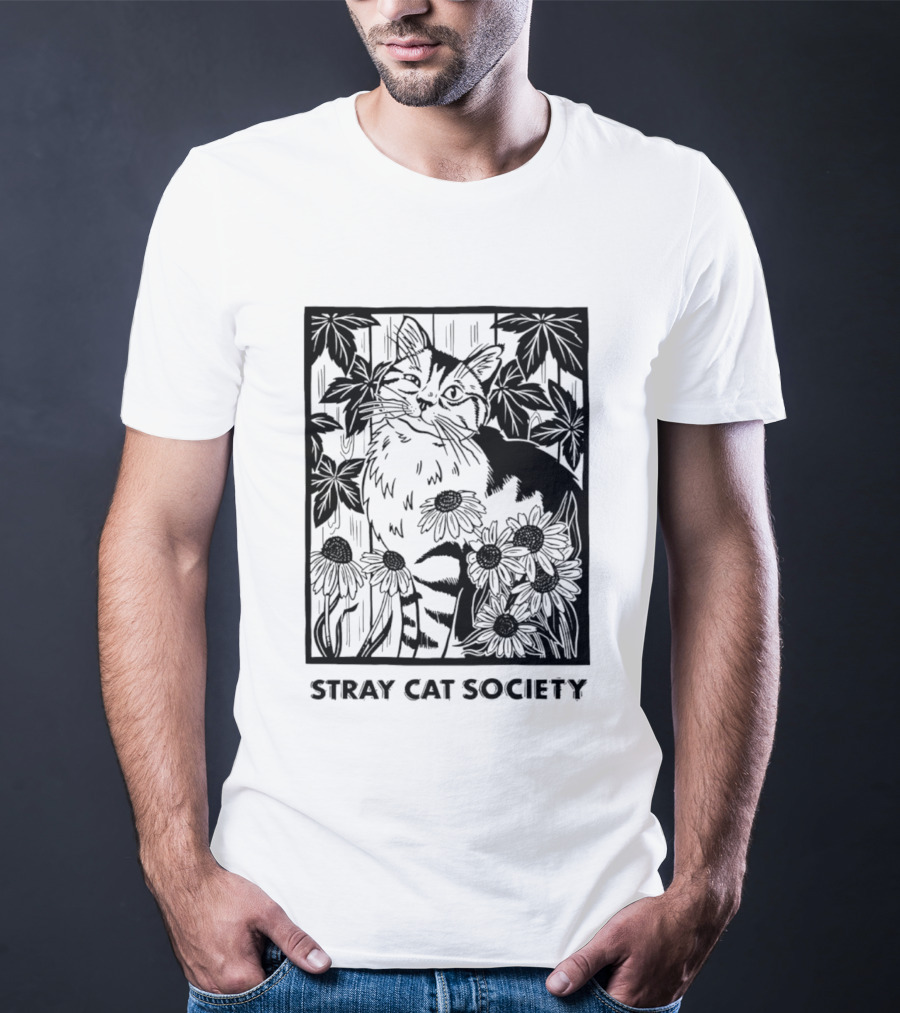 Stray Cat Society Floral And Feline Illustration With Botanical T-Shirt