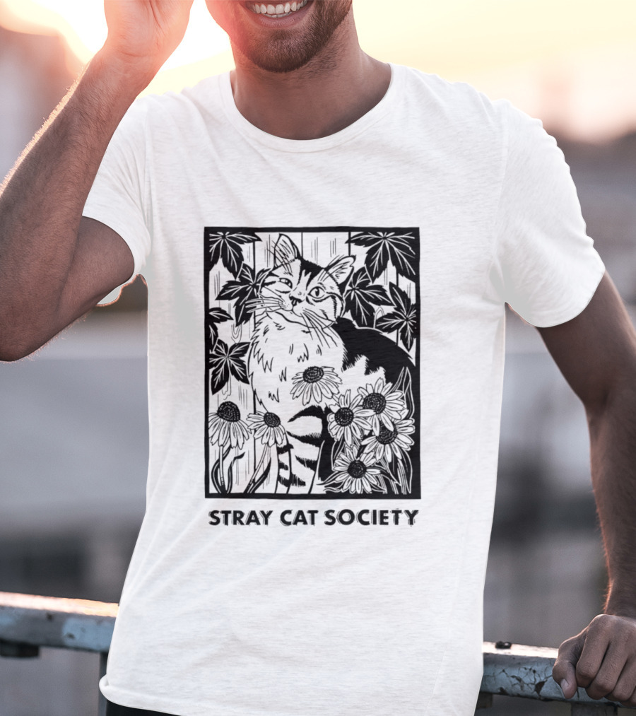 Stray Cat Society Floral And Feline Illustration With Botanical T-Shirt
