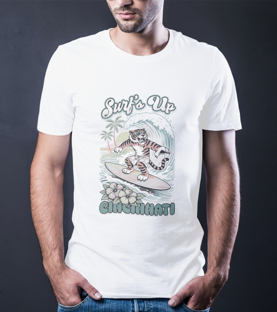 Surf's Up Cincinnati Tiger Riding Wave With Palm Trees And Sunset T-Shirt