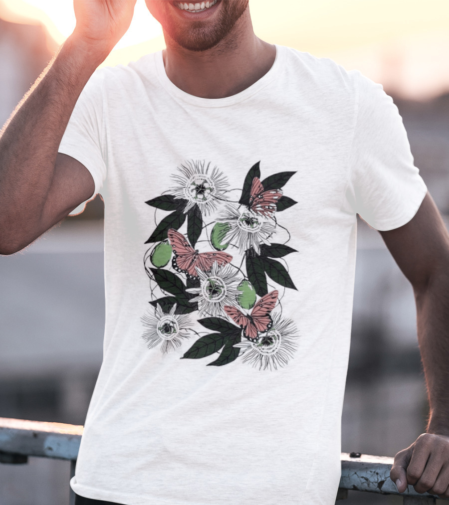 Passion Flower Pistachio Incarnata Red Butterflies Adult T-Shirt