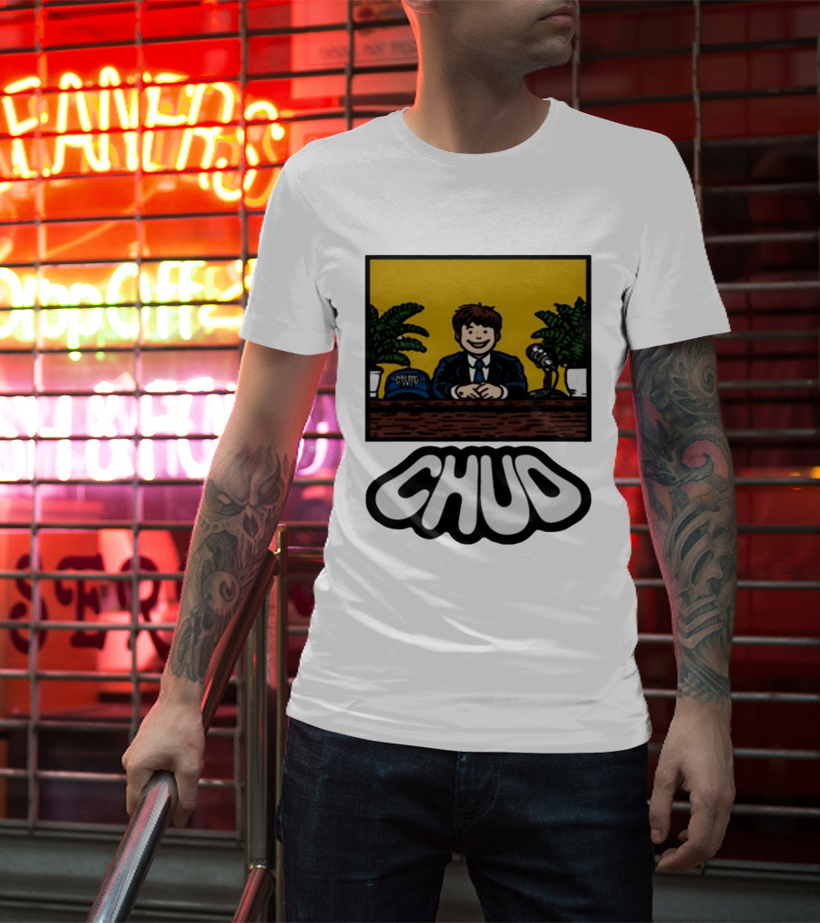 Fuentes Store Chud Comic Style Desk Scene With Microphone And Cap T-Shirt