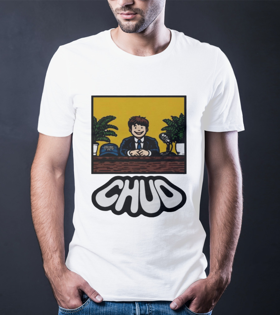 Fuentes Store Chud Comic Style Desk Scene With Microphone And Cap T-Shirt