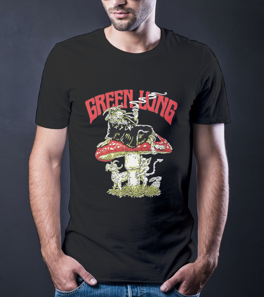 Green Lung Band Goat Smoking On Mushroom Old English Black Magic T-Shirt