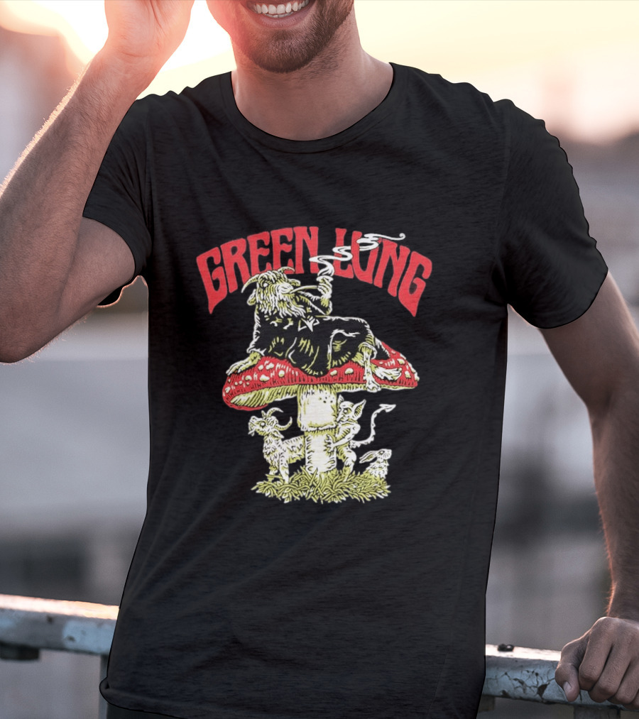 Green Lung Band Goat Smoking On Mushroom Old English Black Magic T-Shirt