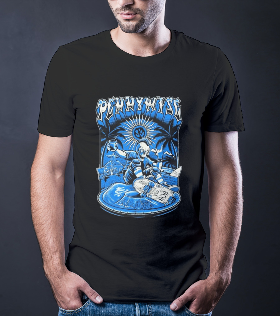 Pennywise South America Tour 2026 Skater Beach Scene With Skeleton And Skateboard Palms Waves Cup Blue Sunburst T-Shirt