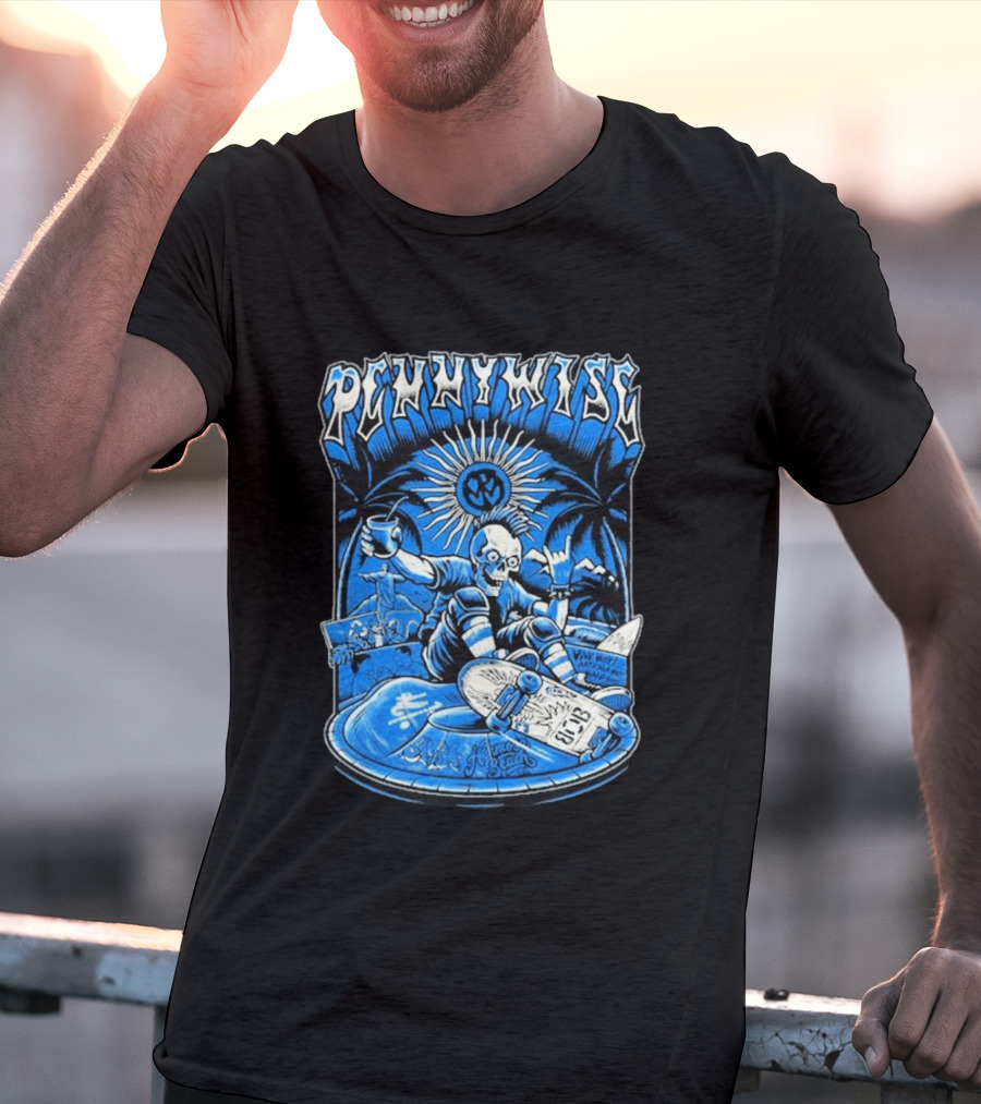 Pennywise South America Tour 2026 Skater Beach Scene With Skeleton And Skateboard Palms Waves Cup Blue Sunburst T-Shirt