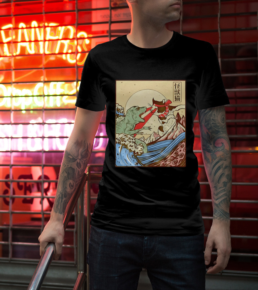 Japanese Great Wave Cat Vs Monster Classic Kaiju T-Shirt