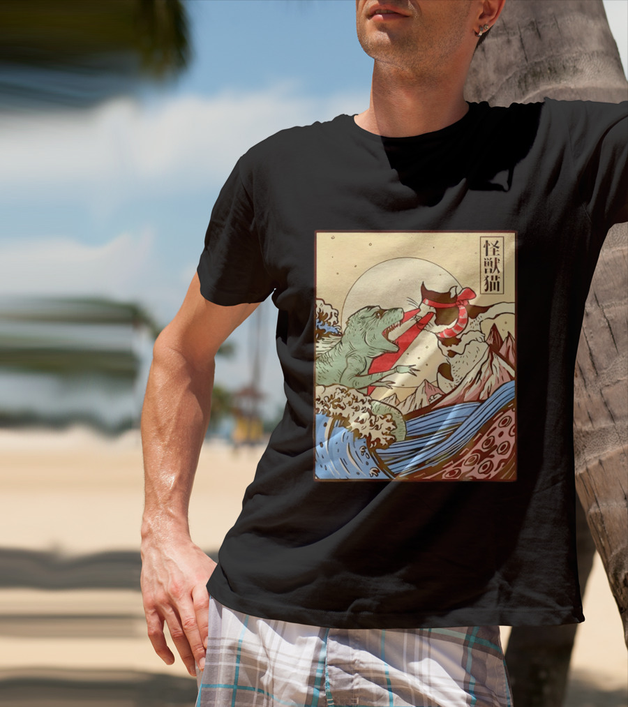 Japanese Great Wave Cat Vs Monster Classic Kaiju T-Shirt