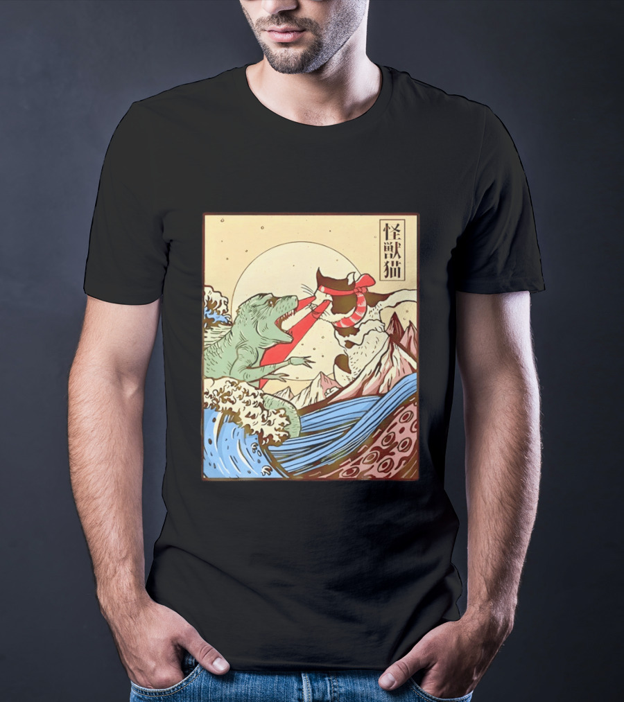 Japanese Great Wave Cat Vs Monster Classic Kaiju T-Shirt