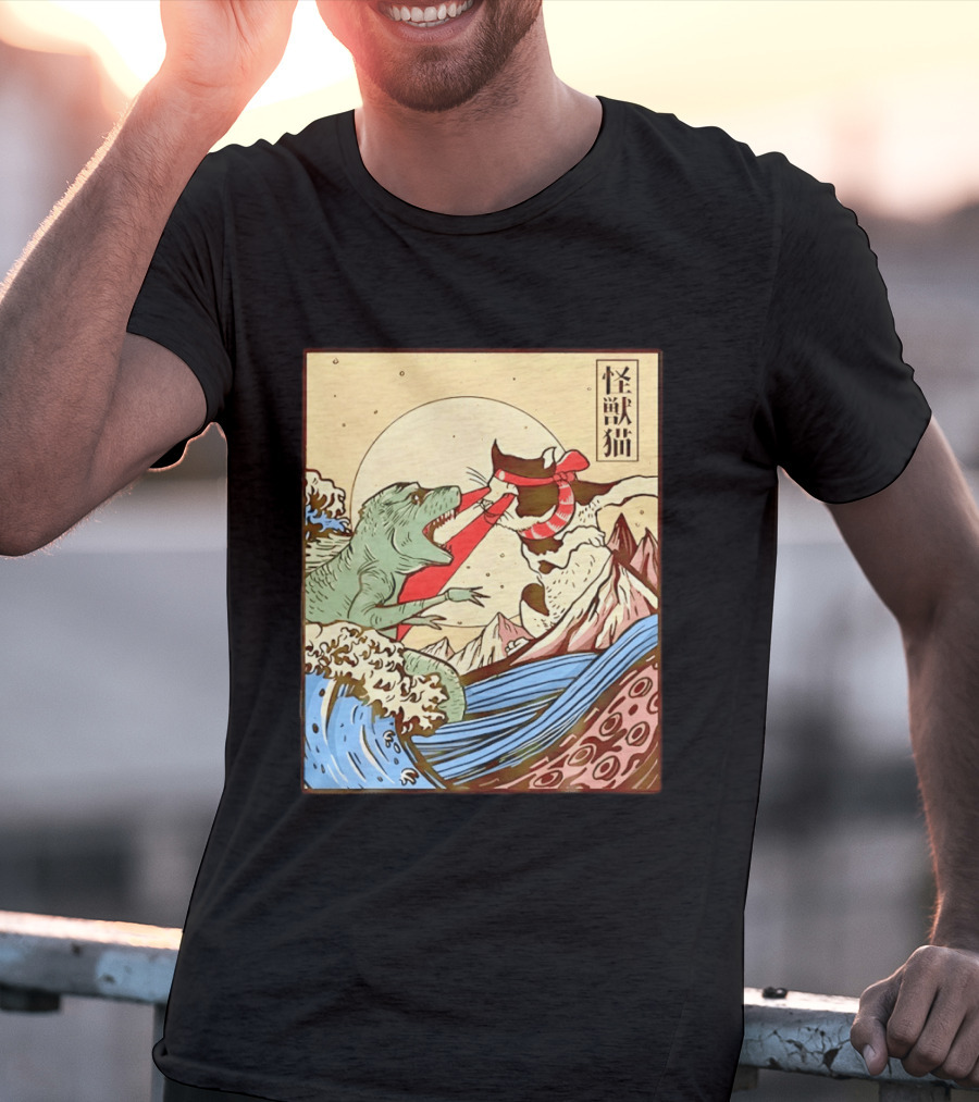 Japanese Great Wave Cat Vs Monster Classic Kaiju T-Shirt