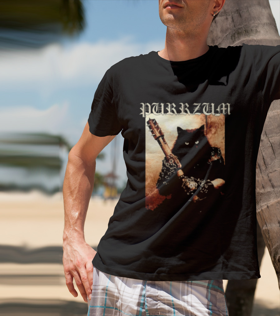 Purrzum Cat Black Metal Aesthetic Feline Holding Guitar T-Shirt