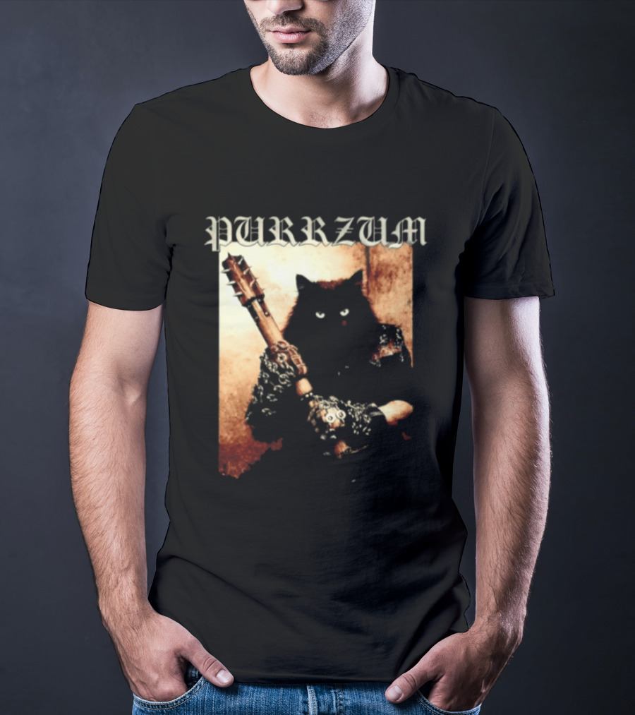 Purrzum Cat Black Metal Aesthetic Feline Holding Guitar T-Shirt