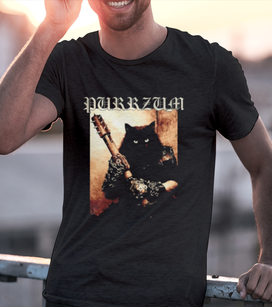 Purrzum Cat Black Metal Aesthetic Feline Holding Guitar T-Shirt
