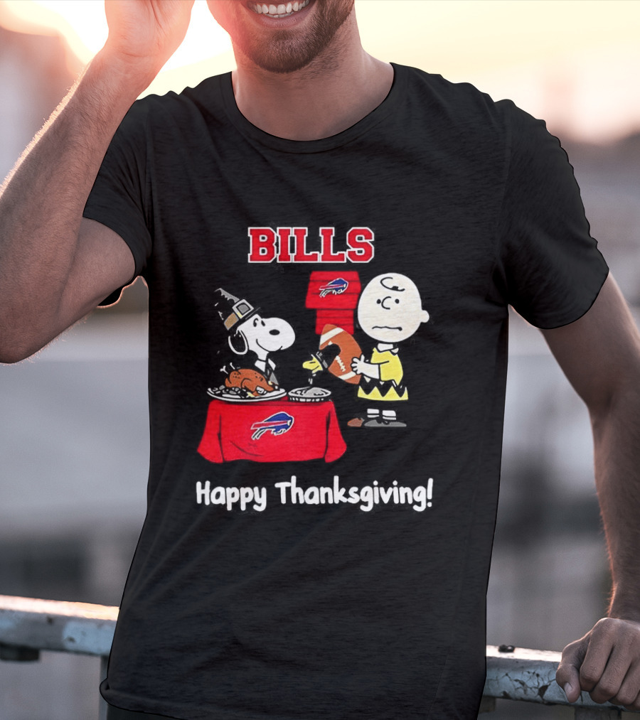 Snoopy And Charlie Brown Celebrate Buffalo Bills Happy Thanksgiving T-Shirt