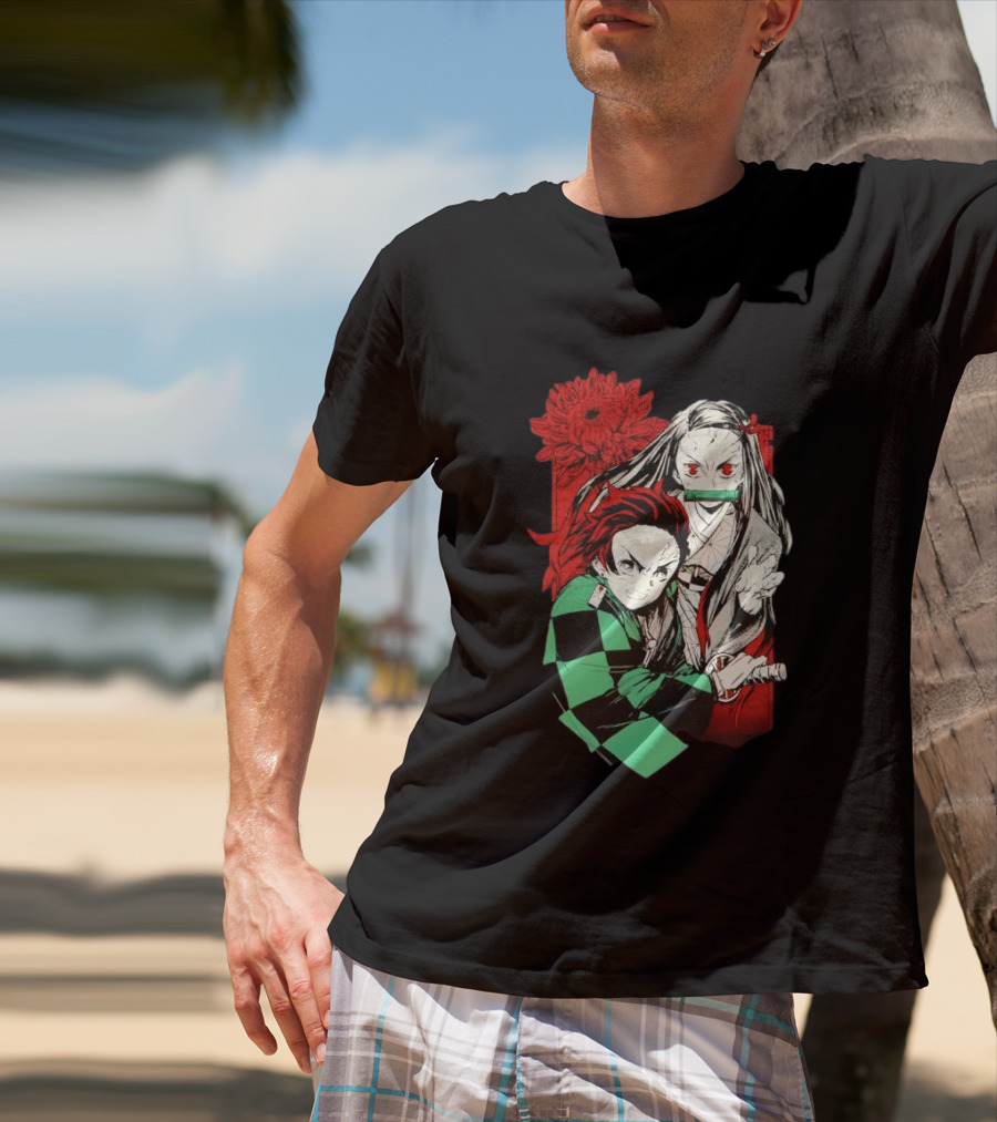 Tanjiro And Nezuko Demon Slayer Manga Red Flower T-Shirt