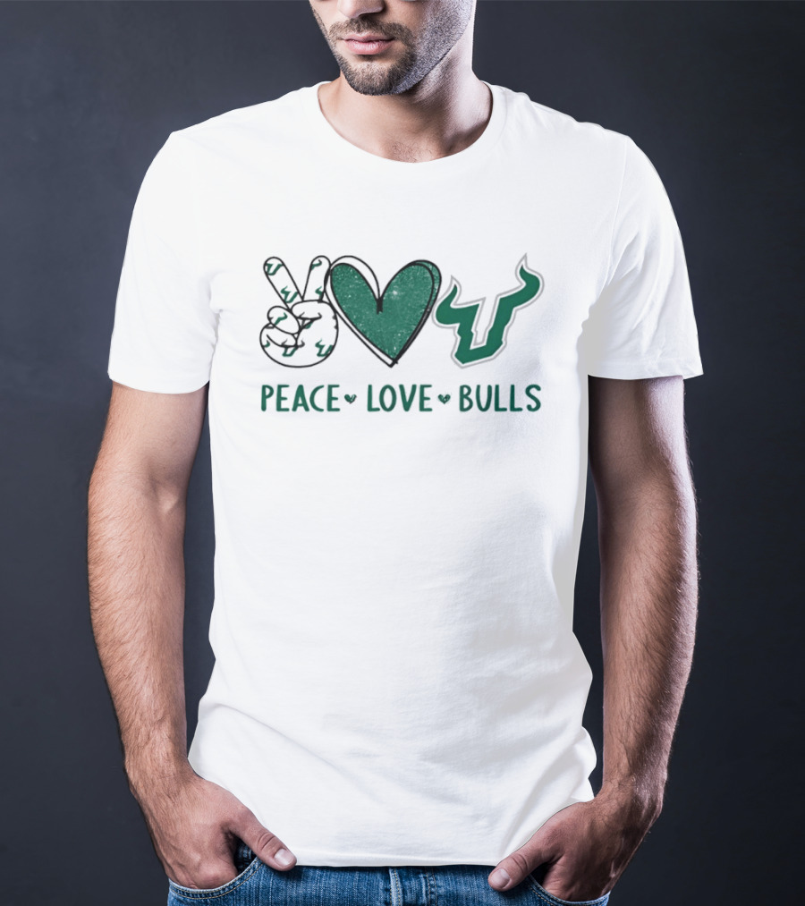 South Florida Bulls Football Peace Love Bulls Heart Sign T-Shirt
