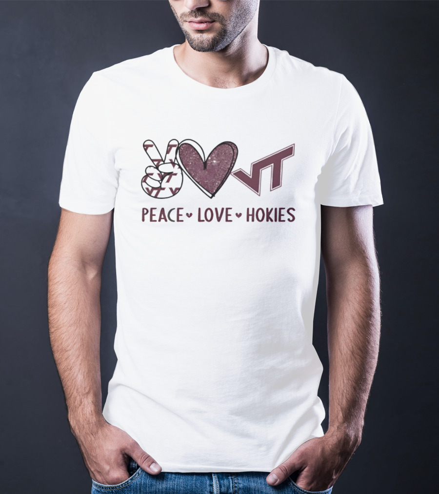 Peace Love Hokies VT Hand Sign Heart Shape Virginia Tech Football T-Shirt