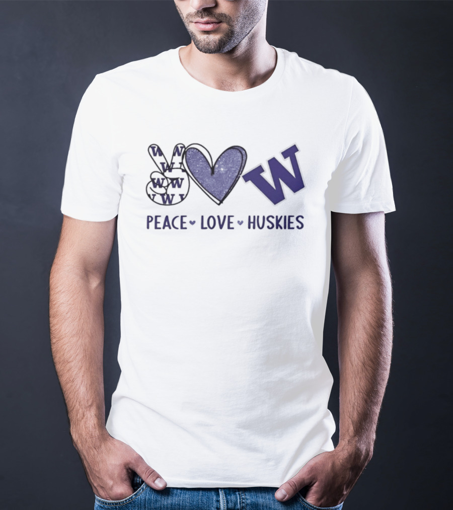 Peace Love Huskies Washington Huskies Football Hand Sign Heart Shape W T-Shirt