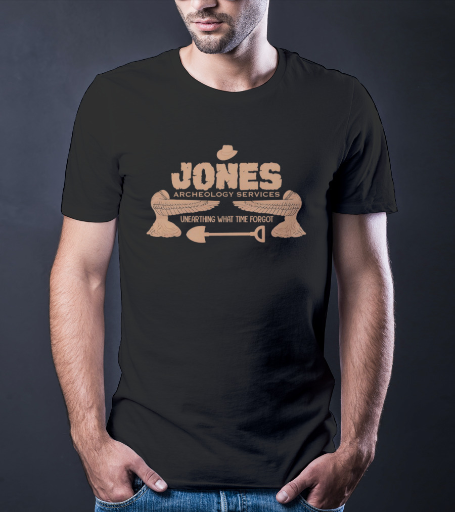 Jones Archaeology Services Unearthing What Time Forgot Adventure Shovel Winged Hat T-Shirt