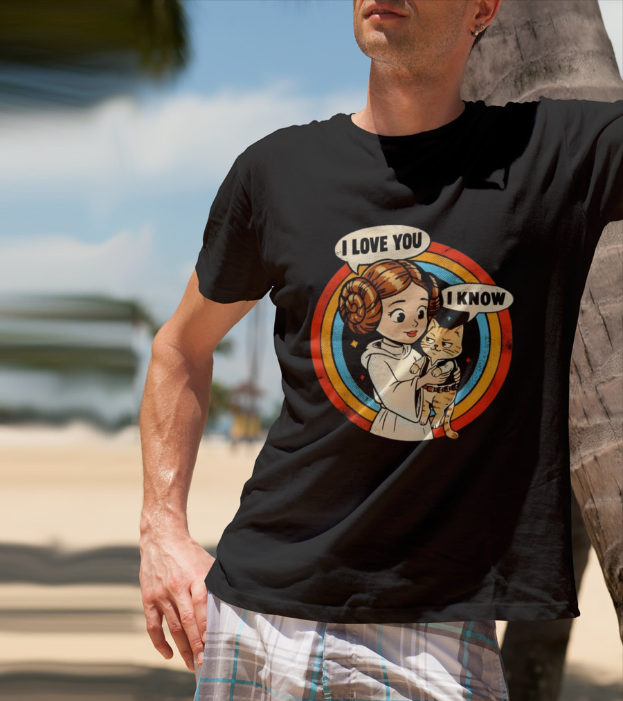 Princess Leia Style Girl Holding Cat I Love You I Know Retro 70s Cartoon T-Shirt