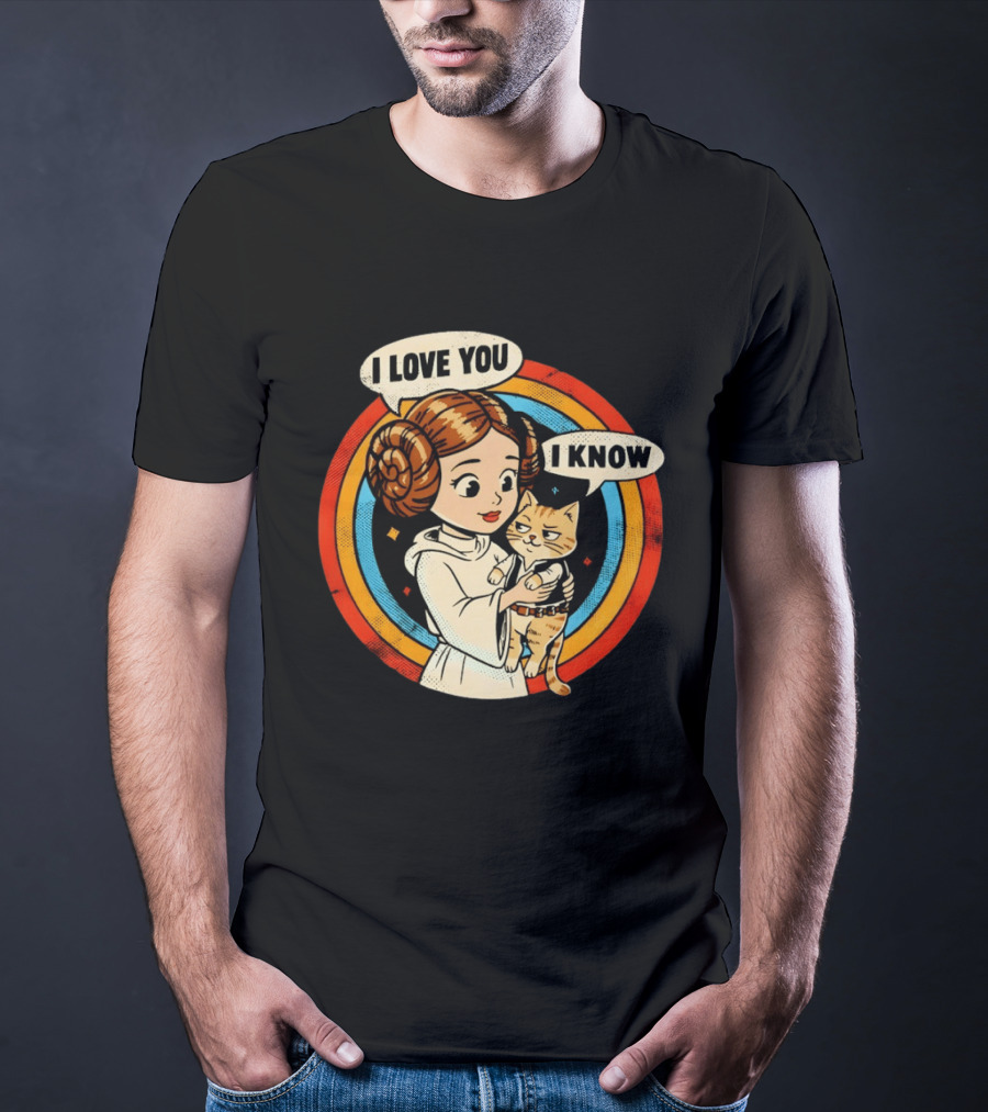 Princess Leia Style Girl Holding Cat I Love You I Know Retro 70s Cartoon T-Shirt