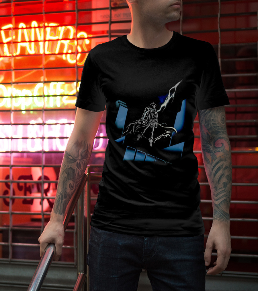 Mysterious Man Trench Coat Lightning Building Spider Man Noir T-Shirt