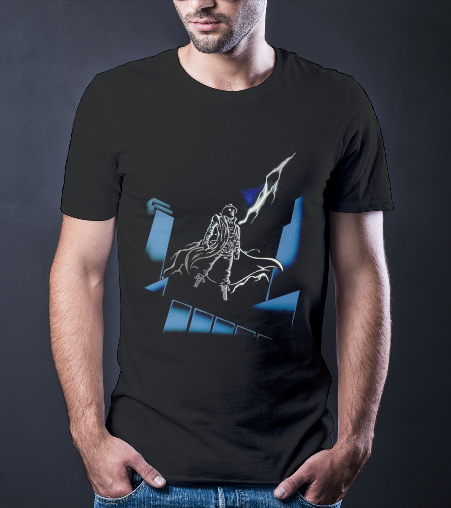 Mysterious Man Trench Coat Lightning Building Spider Man Noir T-Shirt