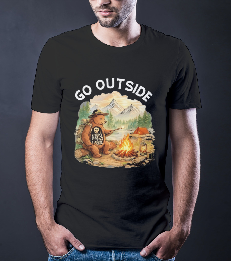 Hiking Bear Campfire Skeleton Inside Bear's Stomach Go Outside T-Shirt