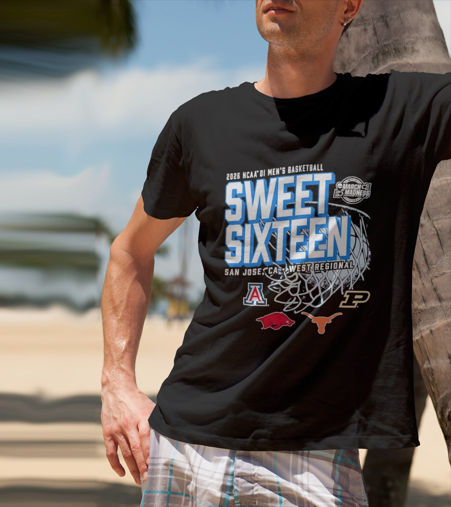 2026 NCAA DI Men's Basketball Sweet Sixteen San Jose West Regional Arizona Arkansas Texas Purdue Logos T-Shirt