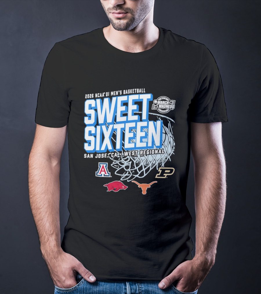 2026 NCAA DI Men's Basketball Sweet Sixteen San Jose West Regional Arizona Arkansas Texas Purdue Logos T-Shirt
