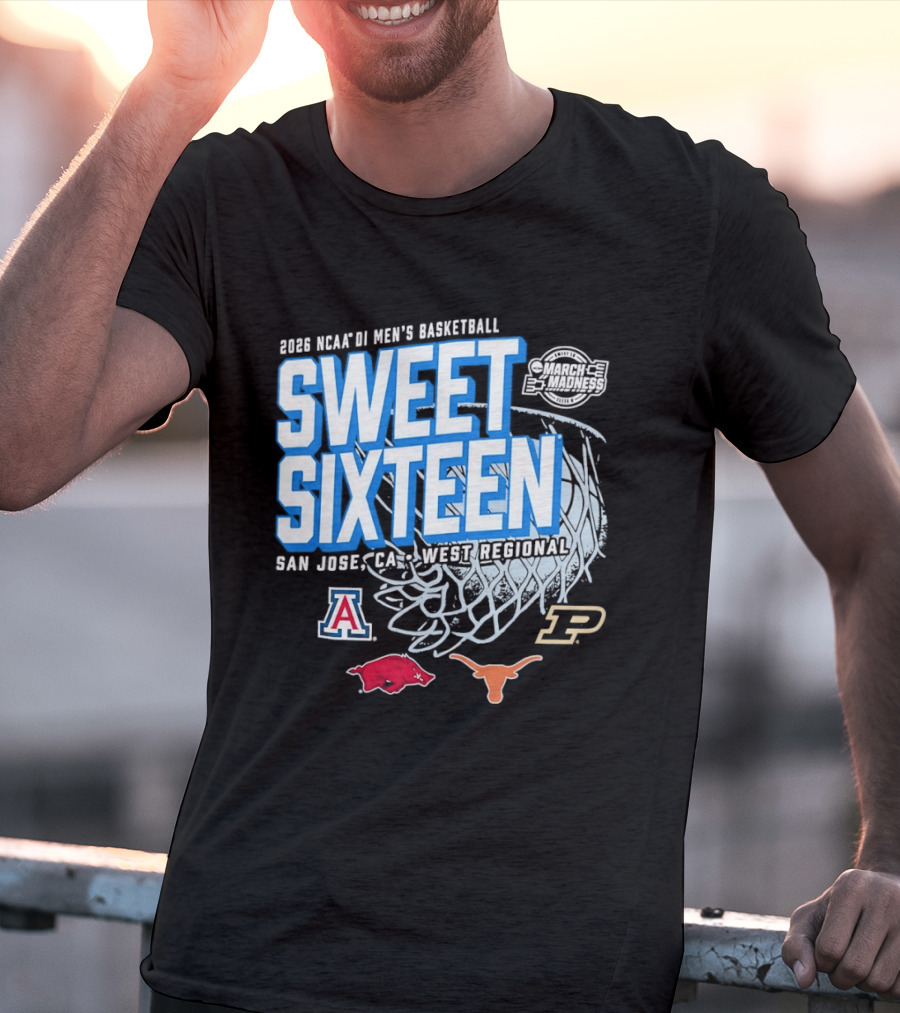 2026 NCAA DI Men's Basketball Sweet Sixteen San Jose West Regional Arizona Arkansas Texas Purdue Logos T-Shirt