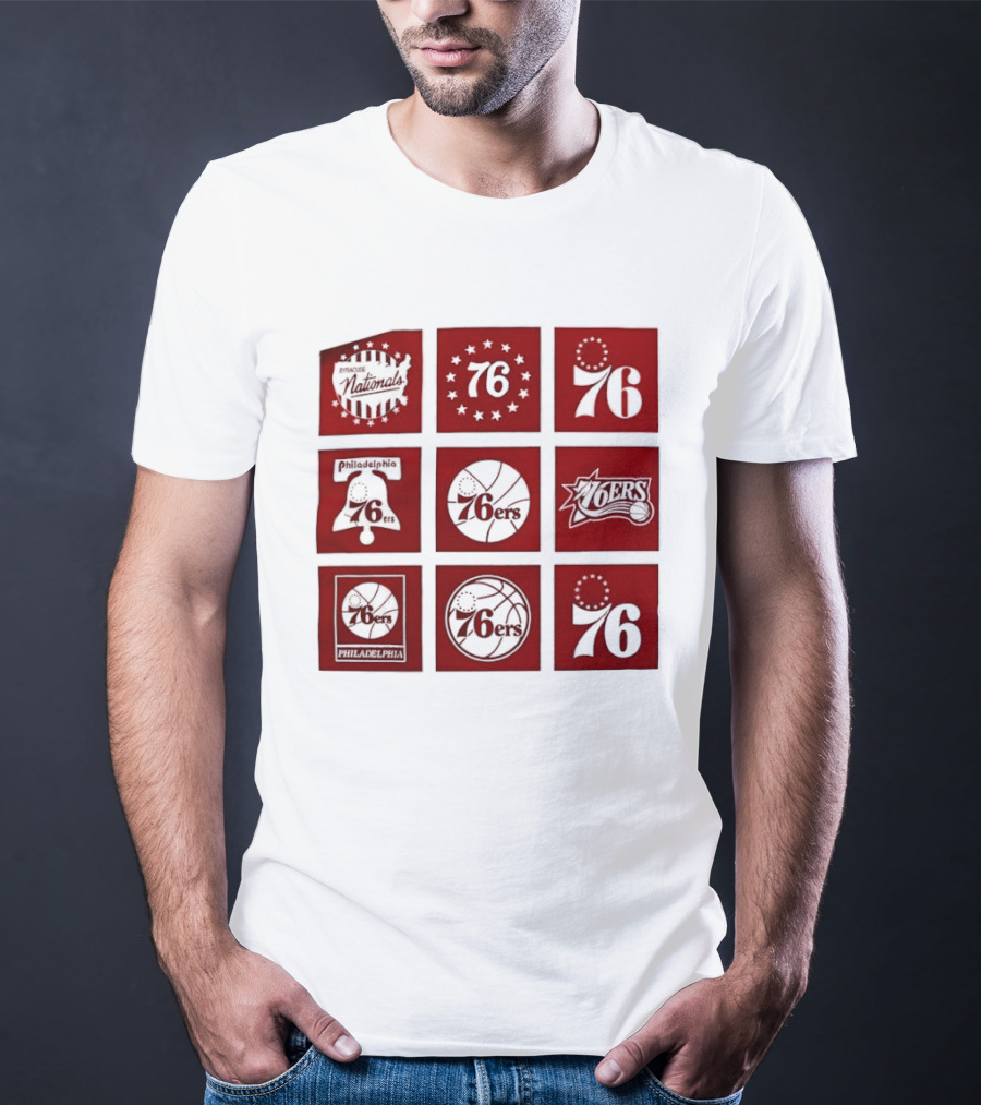 Philadelphia 76ers NBA Team Retro Icons And Number 76 Basketball Squares T-Shirt