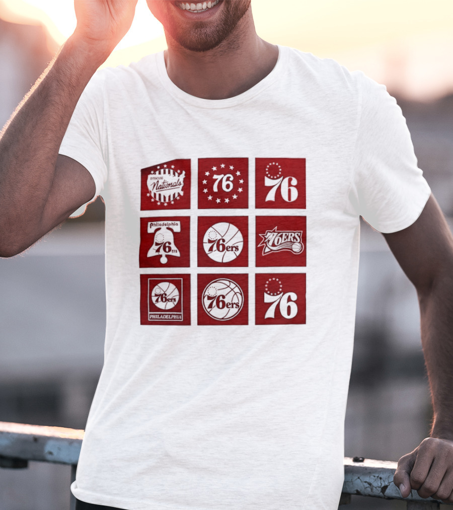 Philadelphia 76ers NBA Team Retro Icons And Number 76 Basketball Squares T-Shirt