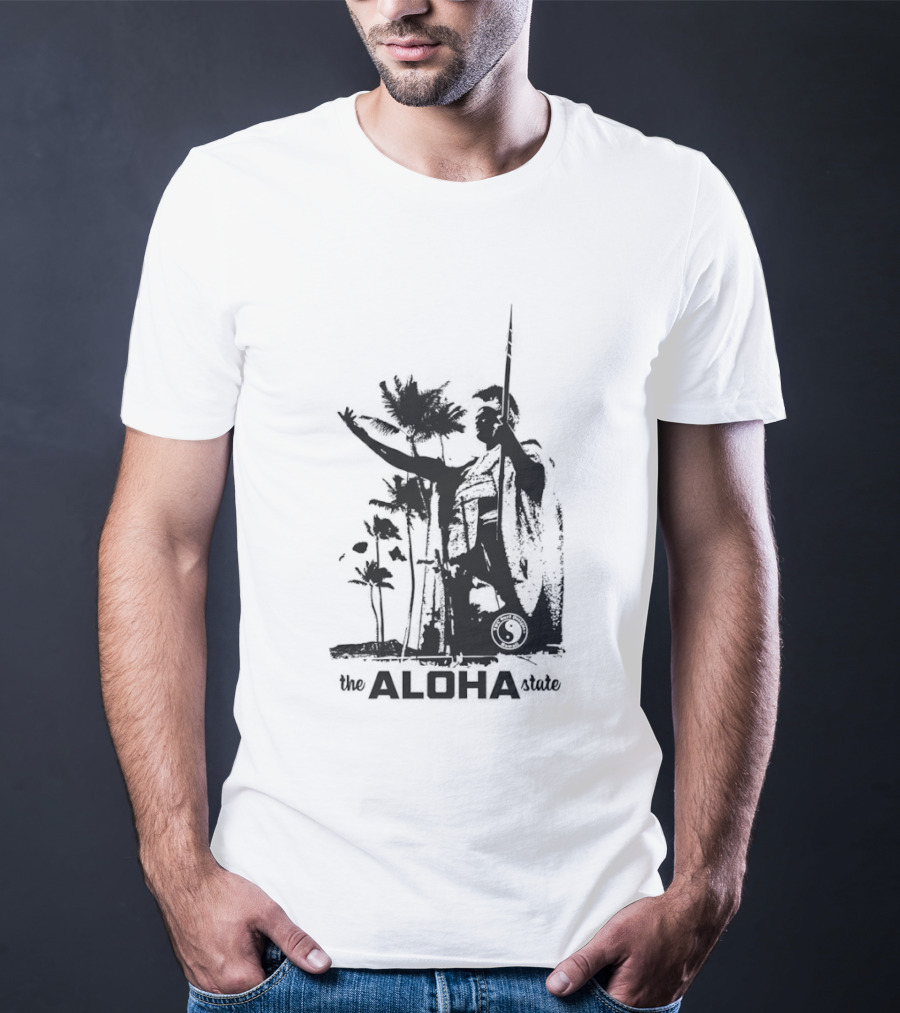 The Aloha State Ka Black White Hawaiian King Statue Palms T-Shirt