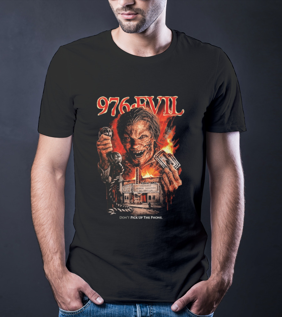976 Evil Horror Marathon Phone Warning T-Shirt