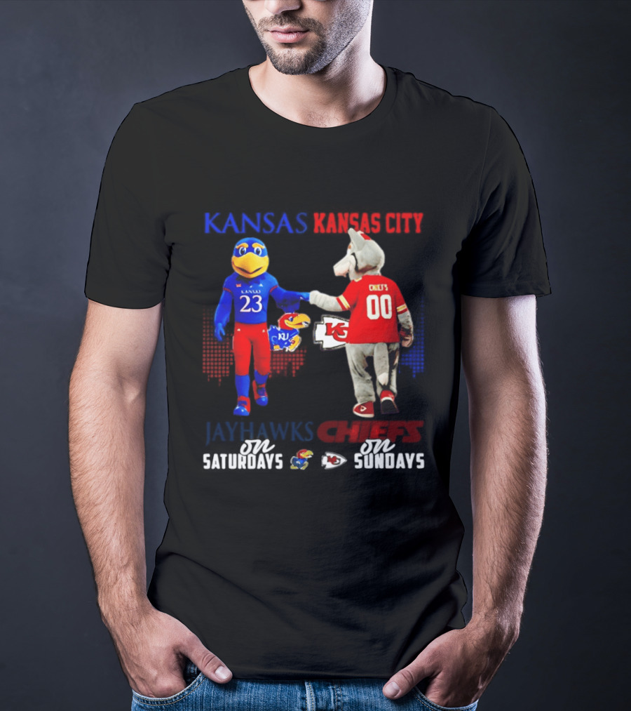 Kansas Jayhawks And Kansas City Chiefs Mascots Fist Bump 23 Vs 00 T-Shirt