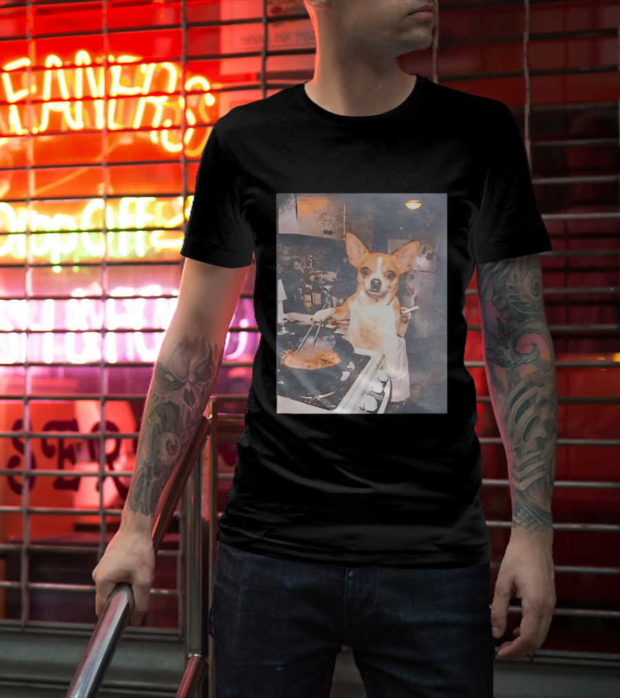 Chihuahua In Apron Cooking While Smoking In Vintage Kitchen Scene T-Shirt
