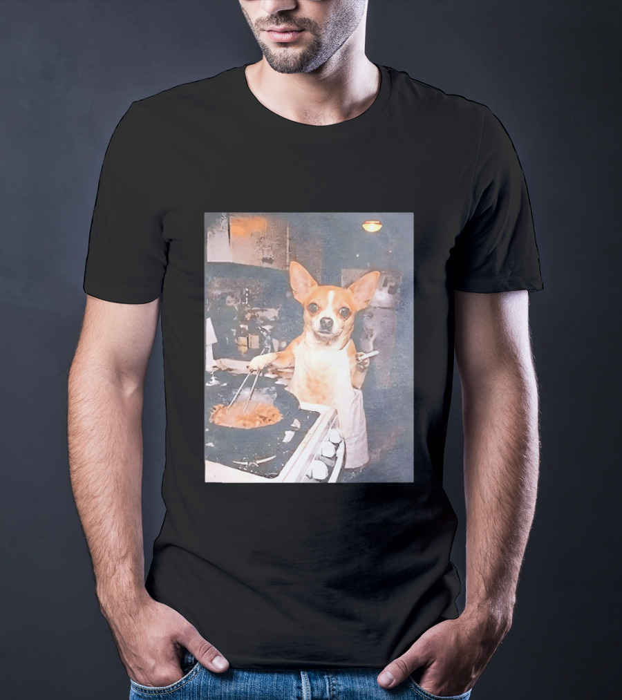 Chihuahua In Apron Cooking While Smoking In Vintage Kitchen Scene T-Shirt
