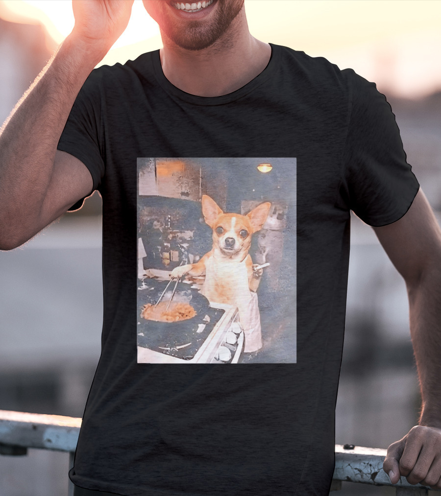Chihuahua In Apron Cooking While Smoking In Vintage Kitchen Scene T-Shirt