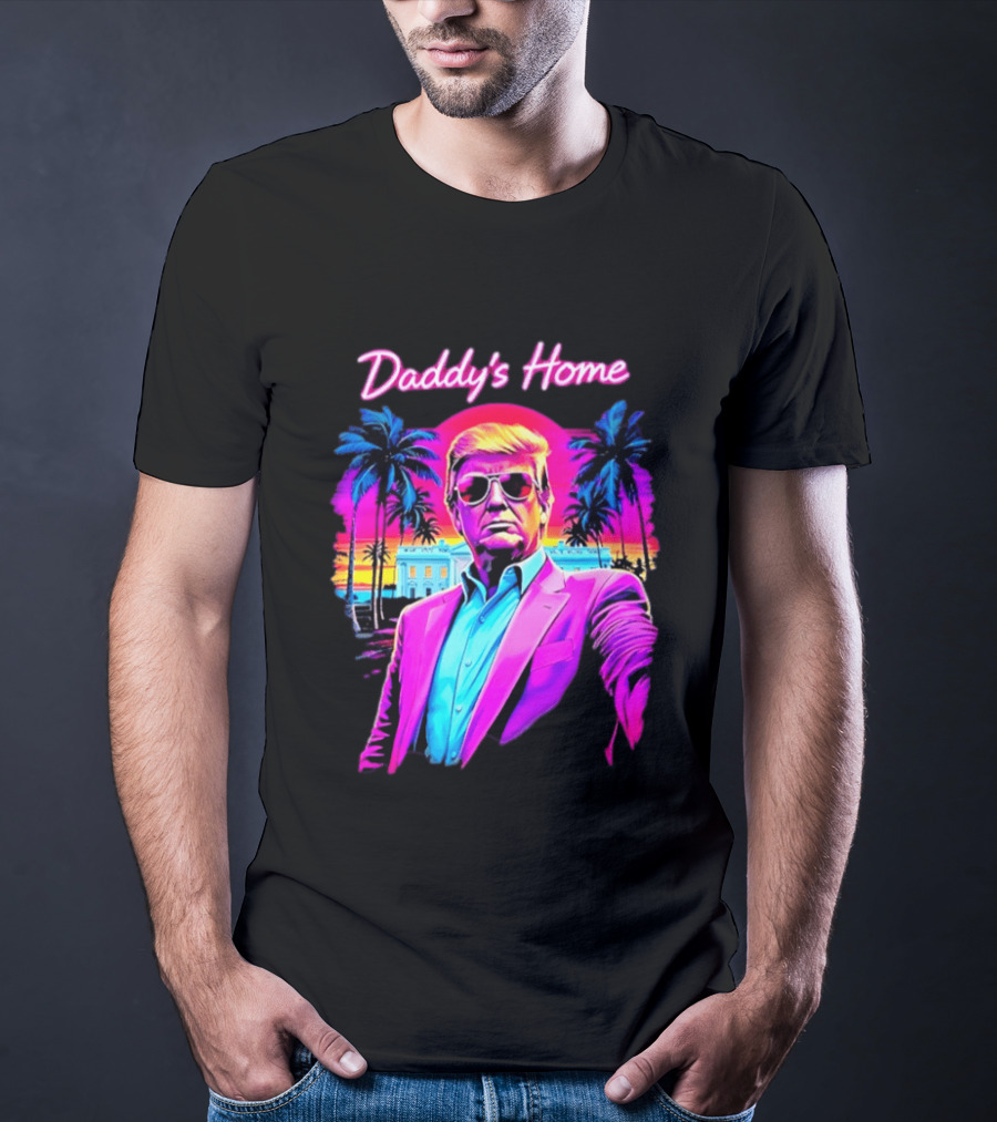 Daddy's Home Donald Trump Synthwave Sunset Beach Scene T-Shirt
