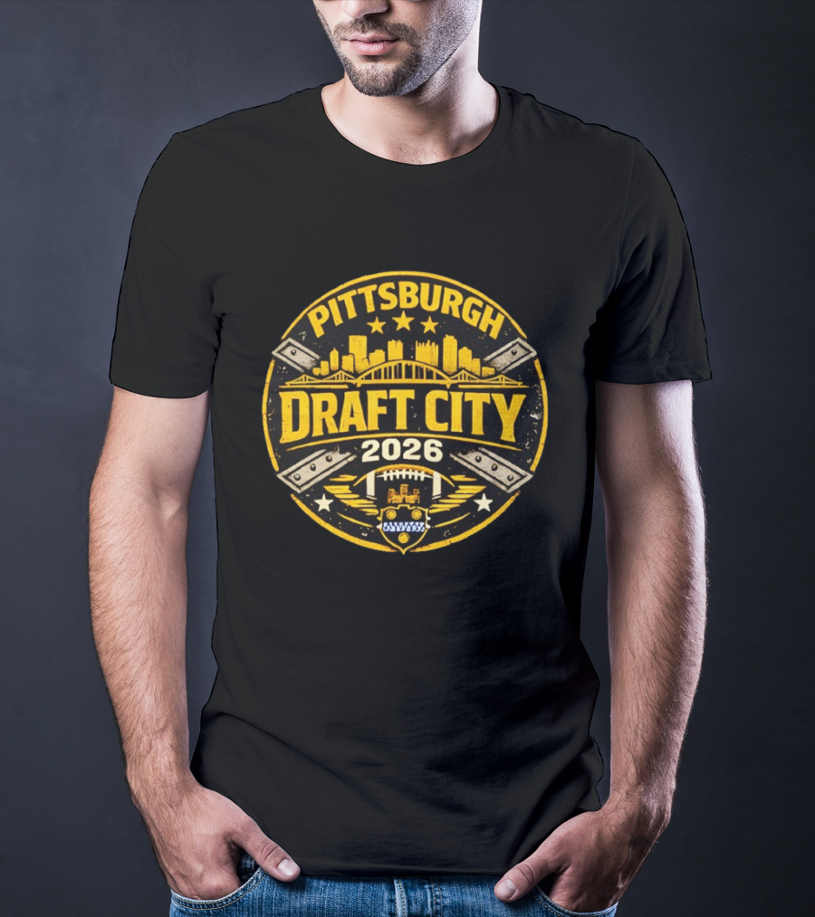 Pittsburgh Draft City 2026 Skyline Football T-Shirt