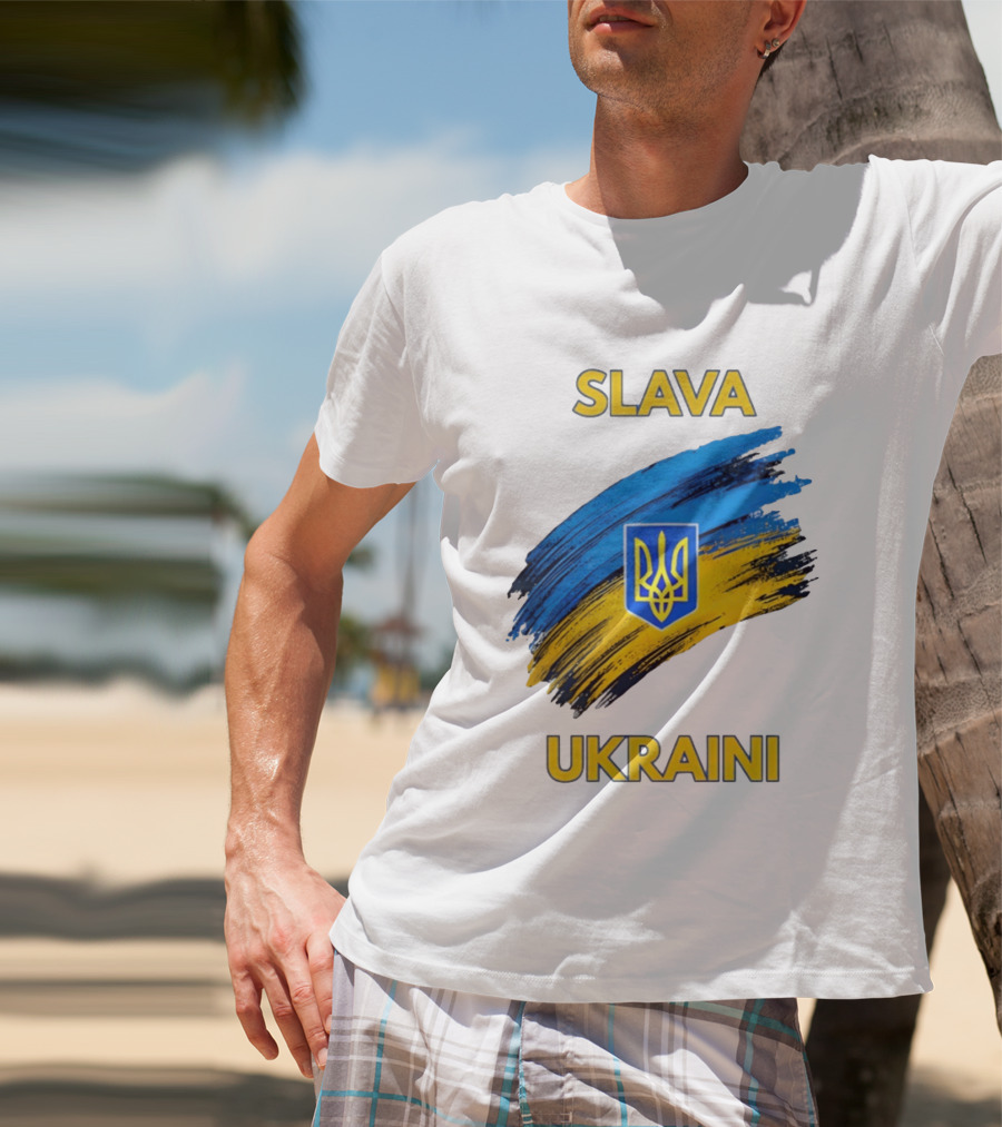 Slava Ukraini Emblem With Blue And Yellow Brush Strokes T-Shirt