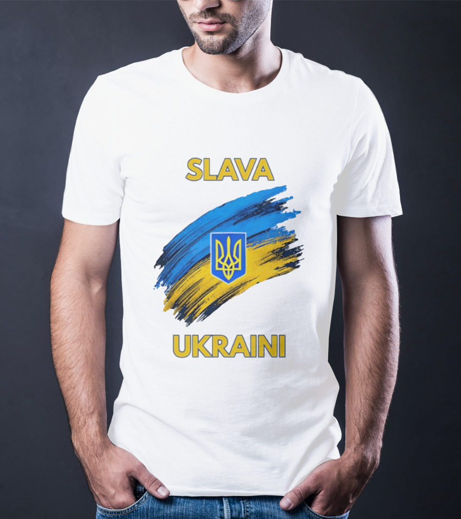 Slava Ukraini Emblem With Blue And Yellow Brush Strokes T-Shirt