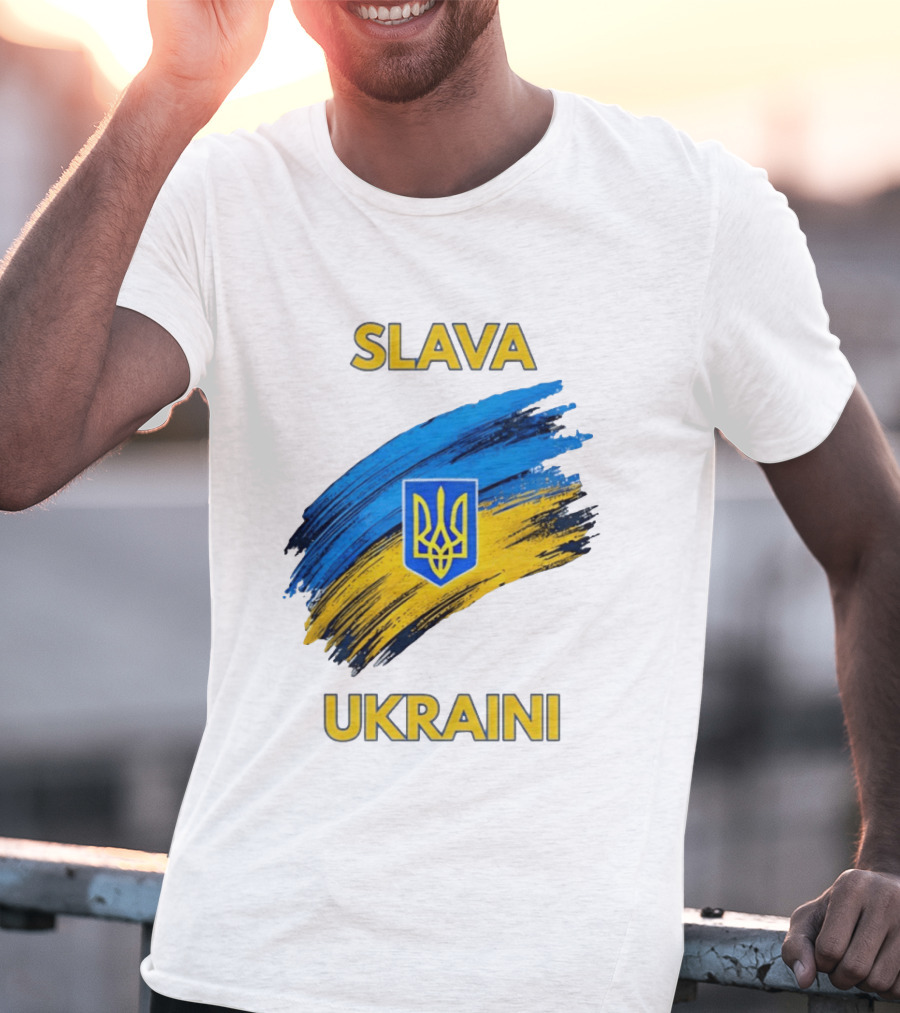 Slava Ukraini Emblem With Blue And Yellow Brush Strokes T-Shirt