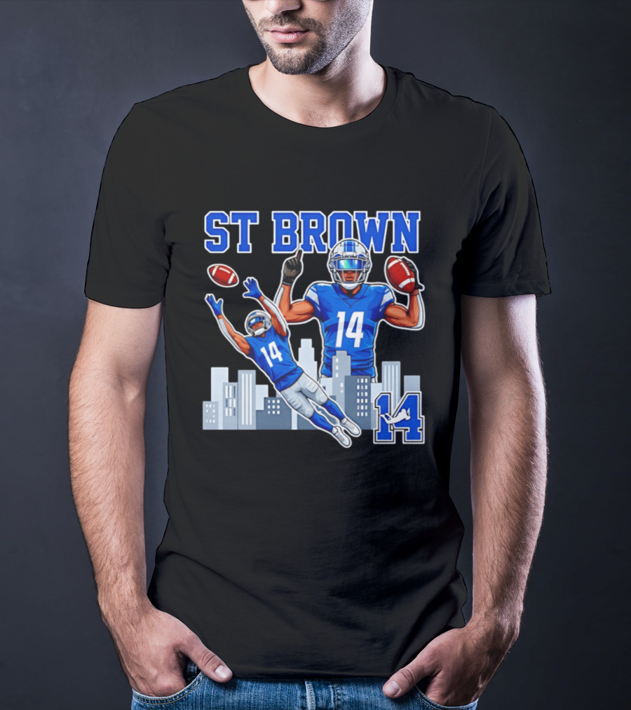 ST Brown 14 Detroit Lions Football City Skyline T-Shirt