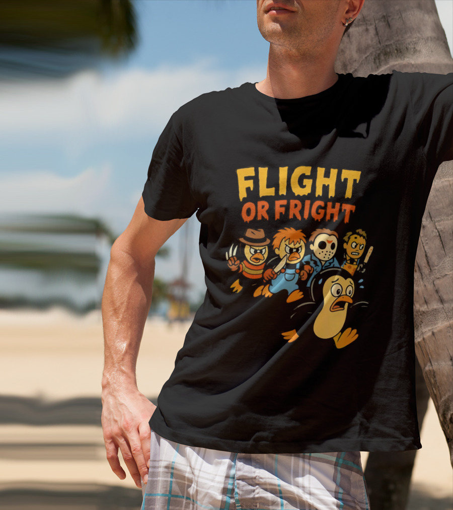 Flight Or Fright Penguin Horror Characters Comedy Mashup T-Shirt