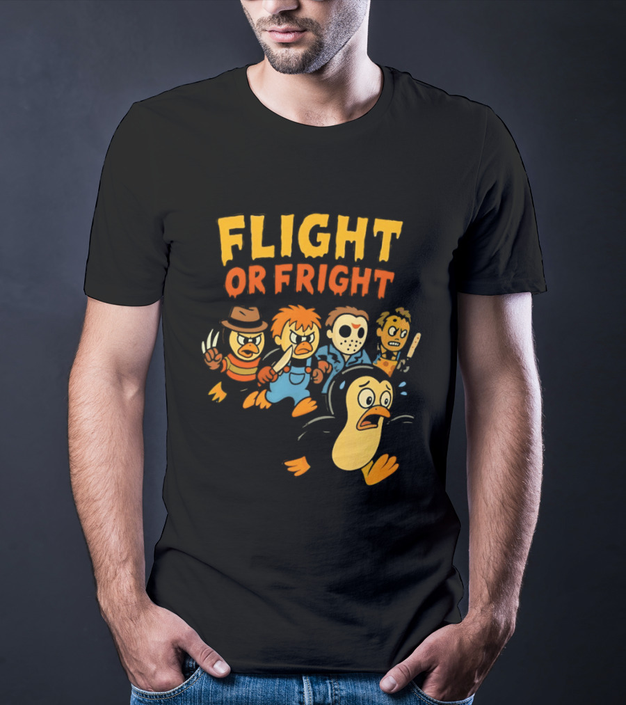 Flight Or Fright Penguin Horror Characters Comedy Mashup T-Shirt